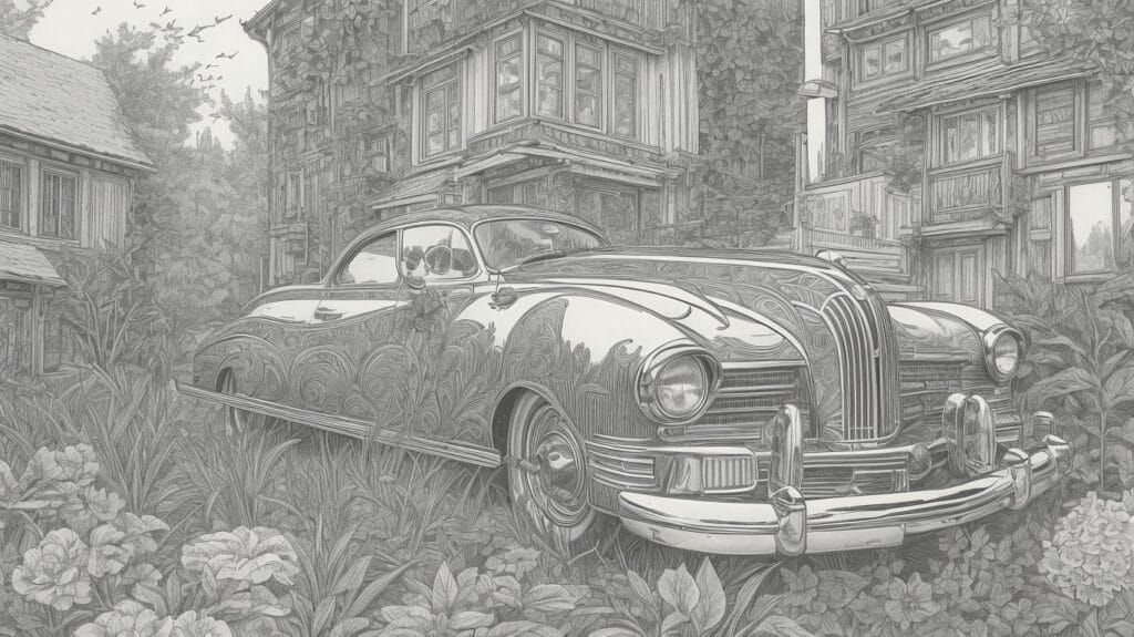 A black and white drawing of a car parked in front of a house, perfect for Teens to use as Coloring Pages.
