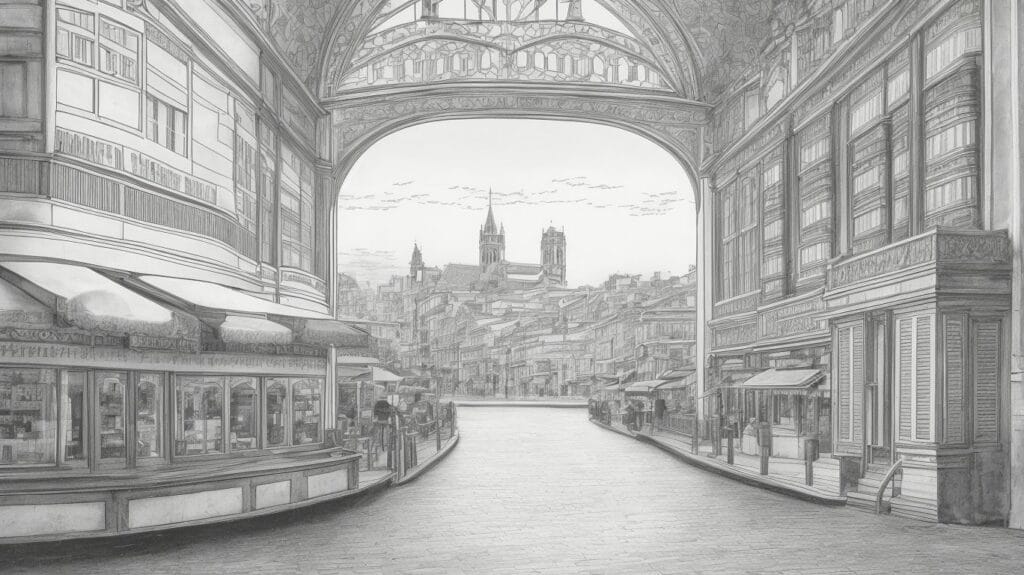 A black and white drawing of a city street featuring famous landmarks.