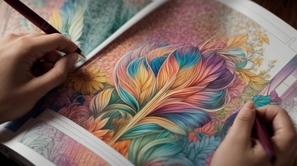 A person utilizing coloring techniques in a book with colorful flowers.