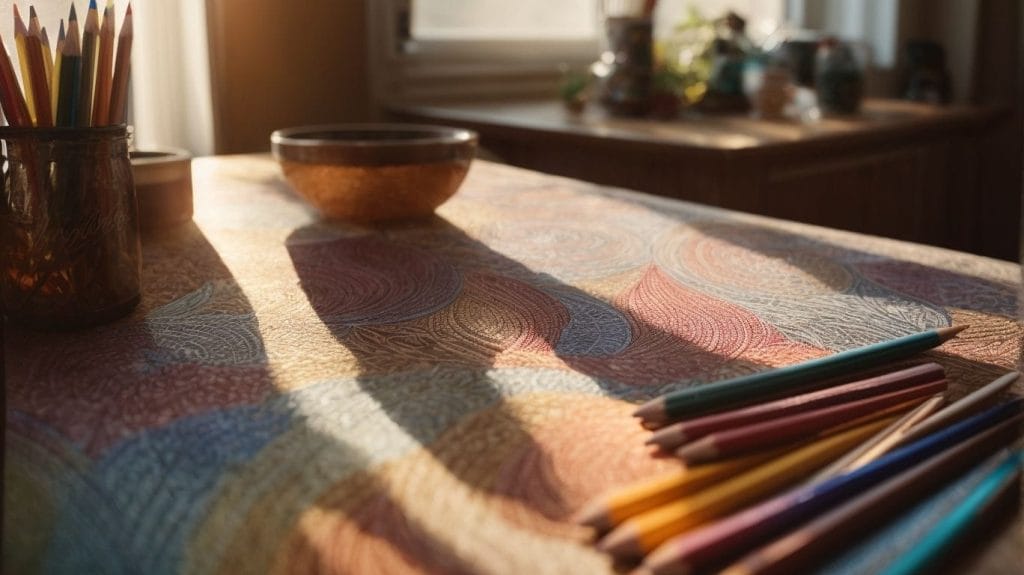 A table with colored pencils for coloring therapy in front of a window.