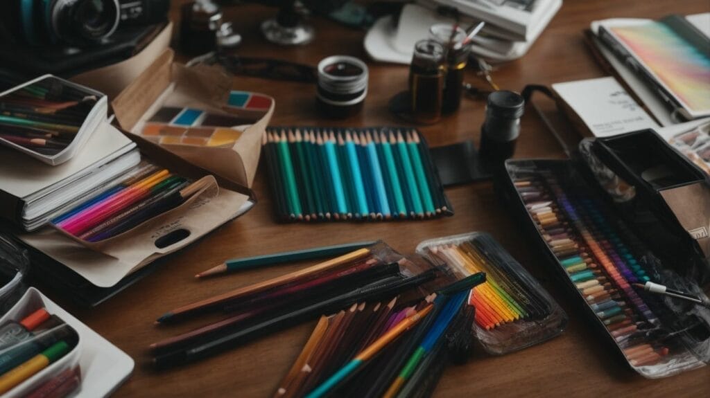 A desk with an abundance of art supplies, including coloring materials and resources, providing endless creative possibilities and helpful tips for artistic endeavors.