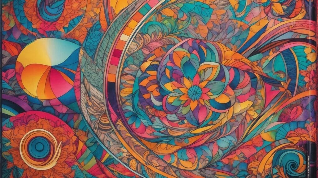An abstract painting with colorful swirls and geometric patterns.