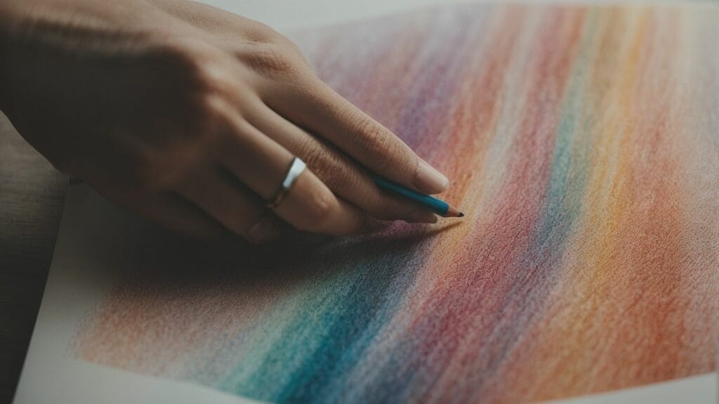 A woman's hand is creating with a colored pencil on a piece of paper.