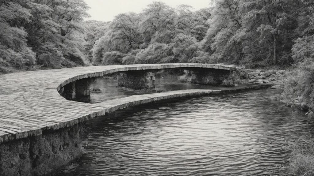 A black and white photo of a wooden bridge over a river using Cross-Hatching techniques.