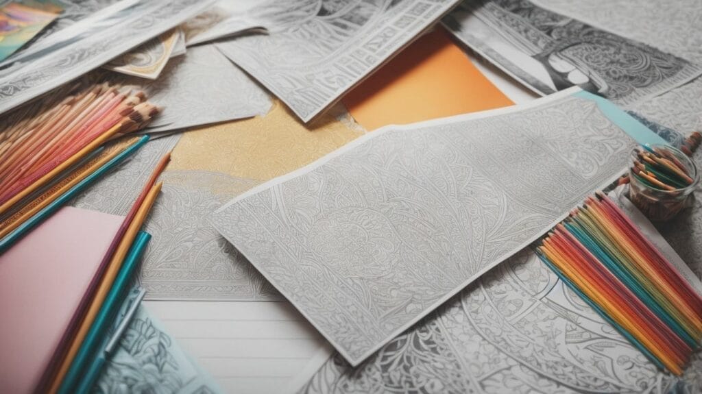 A customizable pile of colored paper and pencils on a table, perfect for coloring pages.
