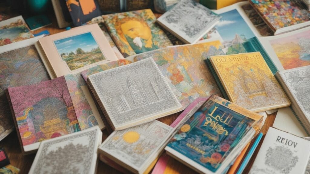 A collection of colorful kids' books on a table.