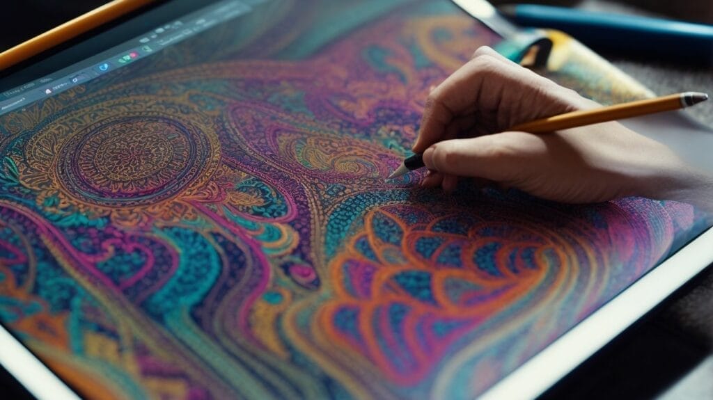 A person utilizing digital techniques on an iPad to color with a pencil.