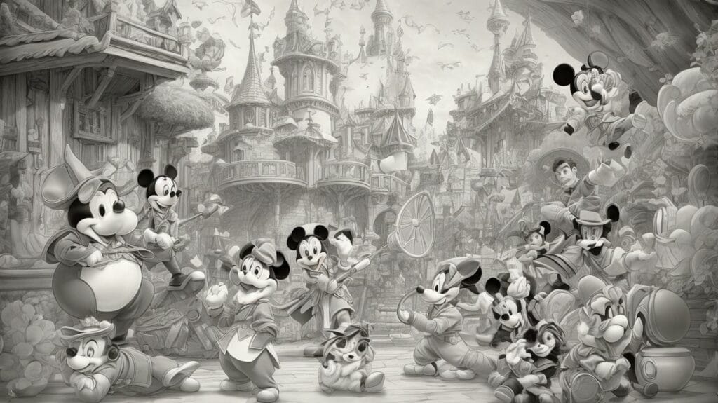 A black and white Disney drawing of Mickey Mouse and his friends.