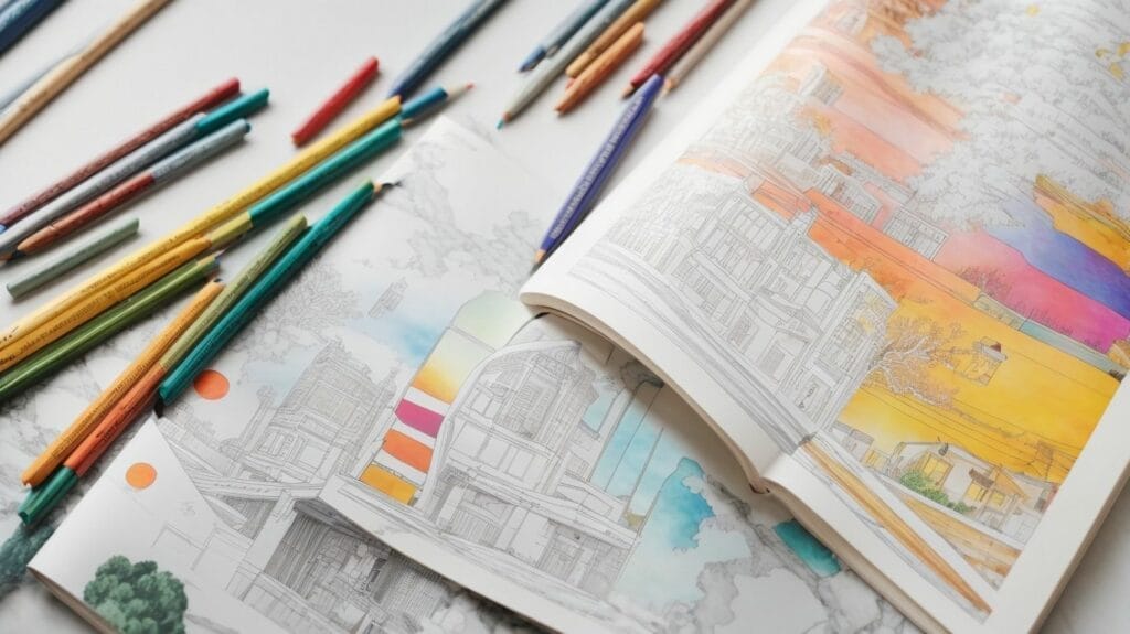 A **coloring book** with **colored pencils** on a table for **toddlers**.