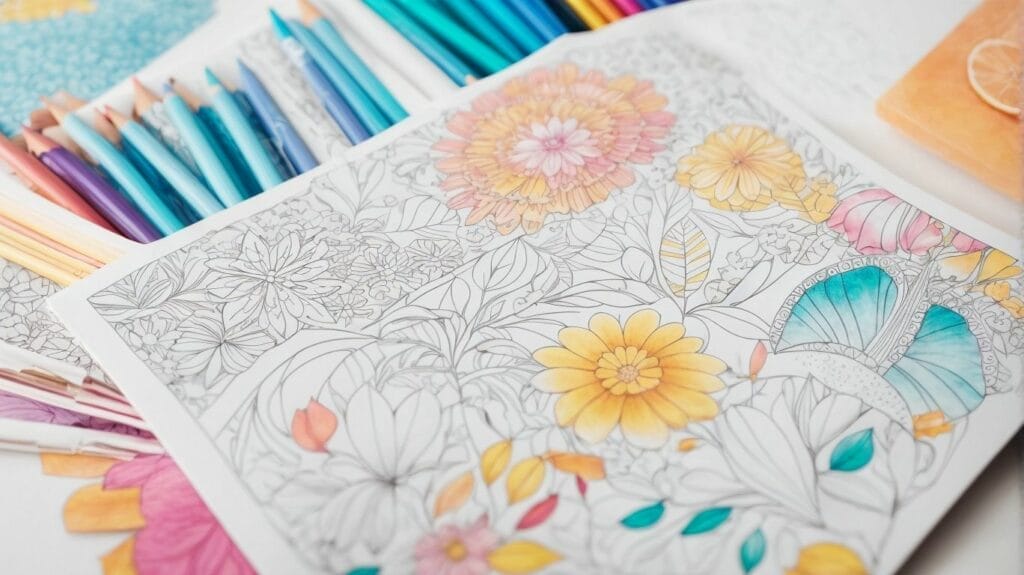 A colorful coloring book with easy coloring pages and colored pencils.