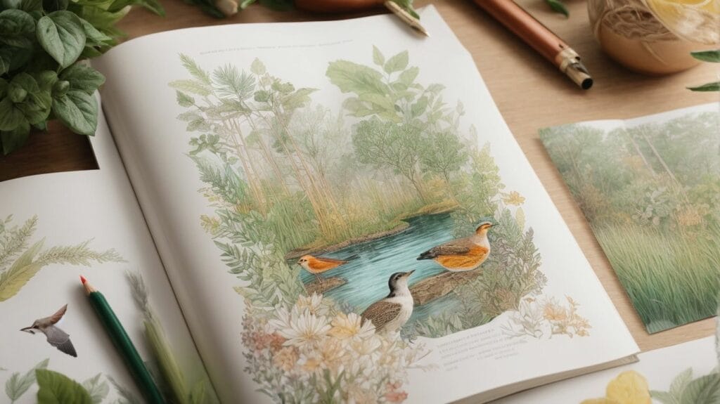 An eco-friendly coloring book with illustrations of birds and plants.