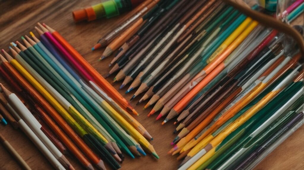 A group of colored pencils on a wooden table, perfect for coloring projects.