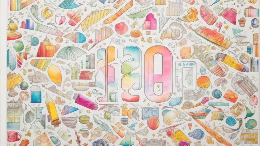 An educational and colorful drawing of a number surrounded by various objects.