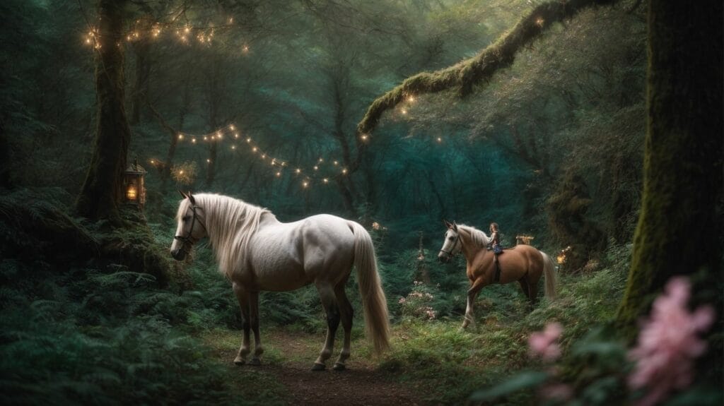 Two horses walking through a forest with Fairy Tales lights.