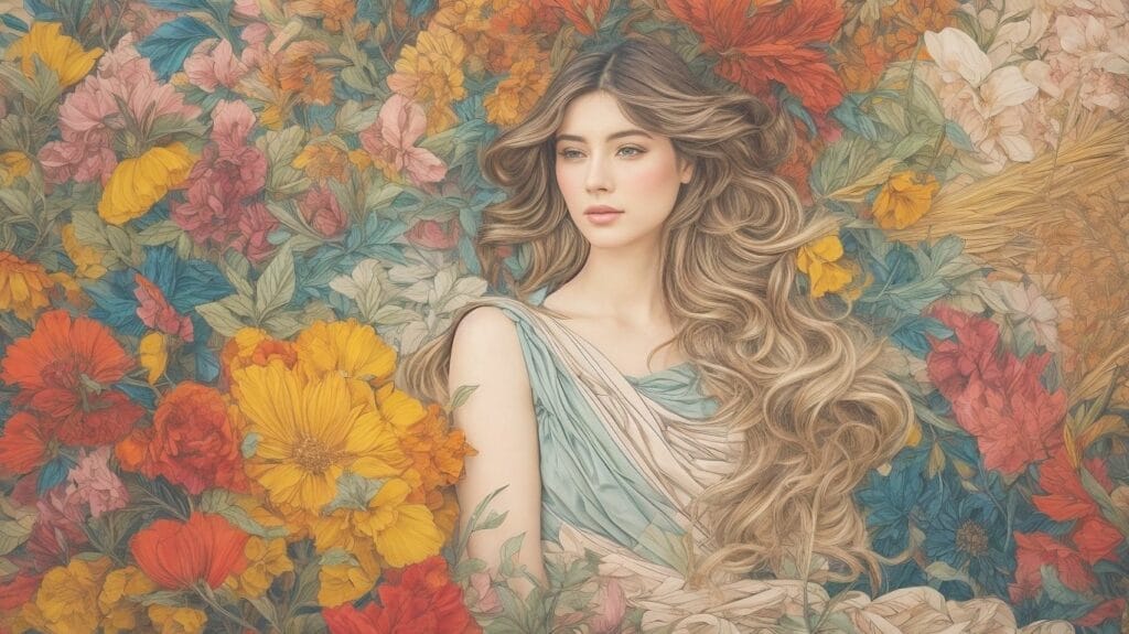 An artwork of a woman surrounded by flowers.