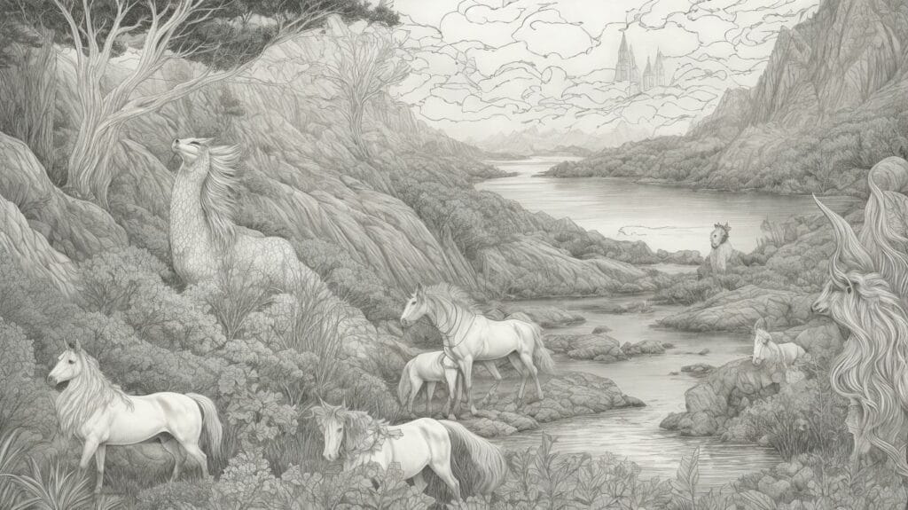 A fantasy-inspired black and white drawing of horses and a river, ideal for coloring pages.