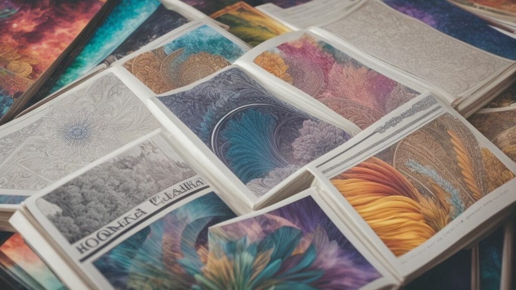A pile of colorful cards on a table, mixing the whimsicality of fantasy with the vibrant colors of coloring books.
