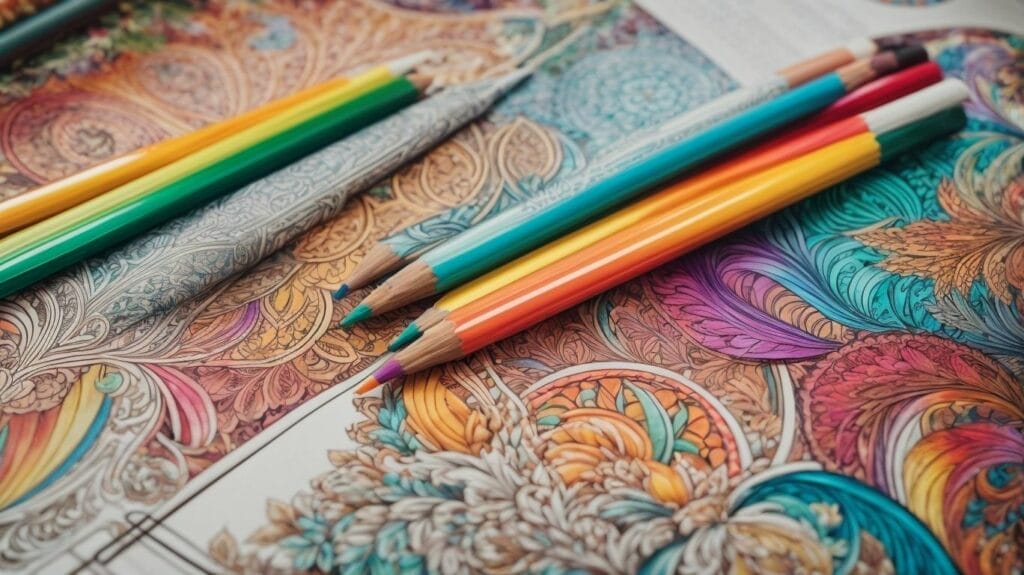 An adult coloring book with colored pencils on it.