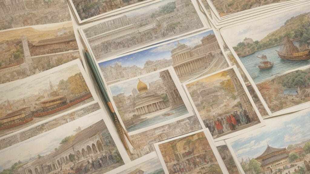 A collection of old lithographs on paper, showcasing historical and cultural artwork.
