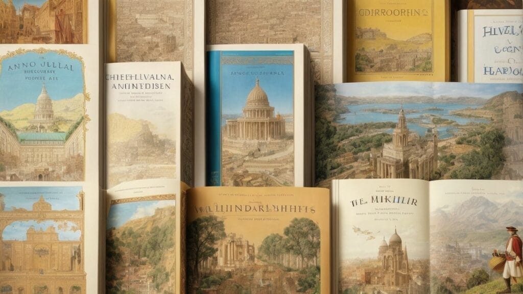 A colorful collection of historical children's books showcasing illustrations of different cities.