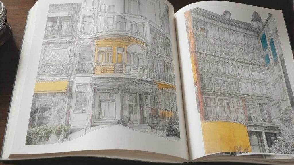 An open book with a drawing of a building, perfect for coloring page enthusiasts who love to choose colors.