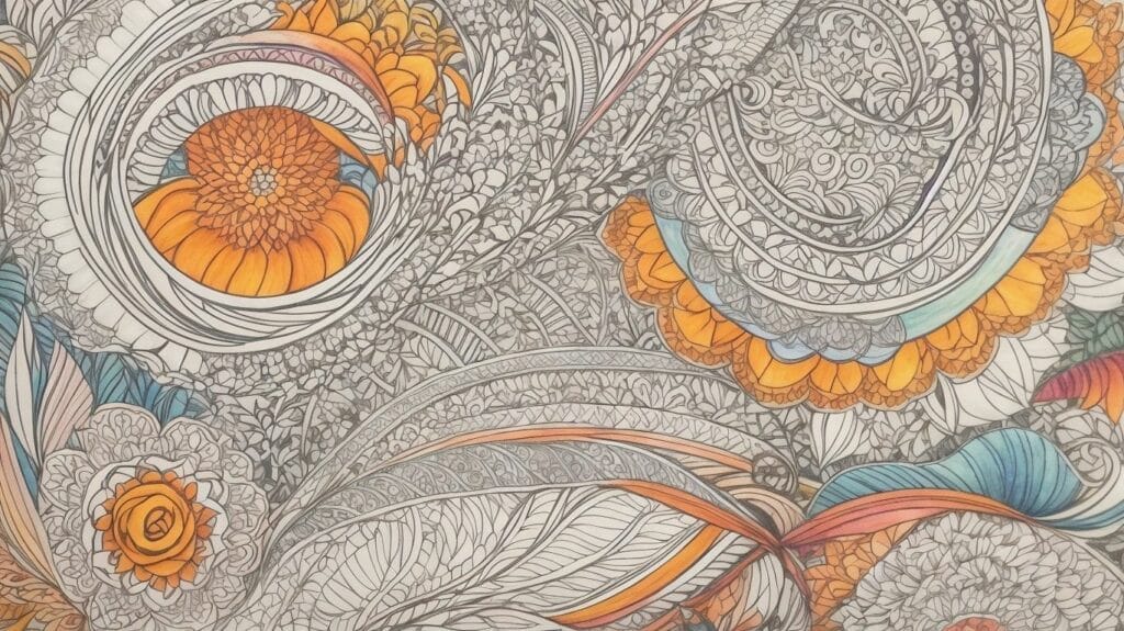 An intricate drawing filled with swirls and flowers, perfect for adults who enjoy pattern coloring books.
