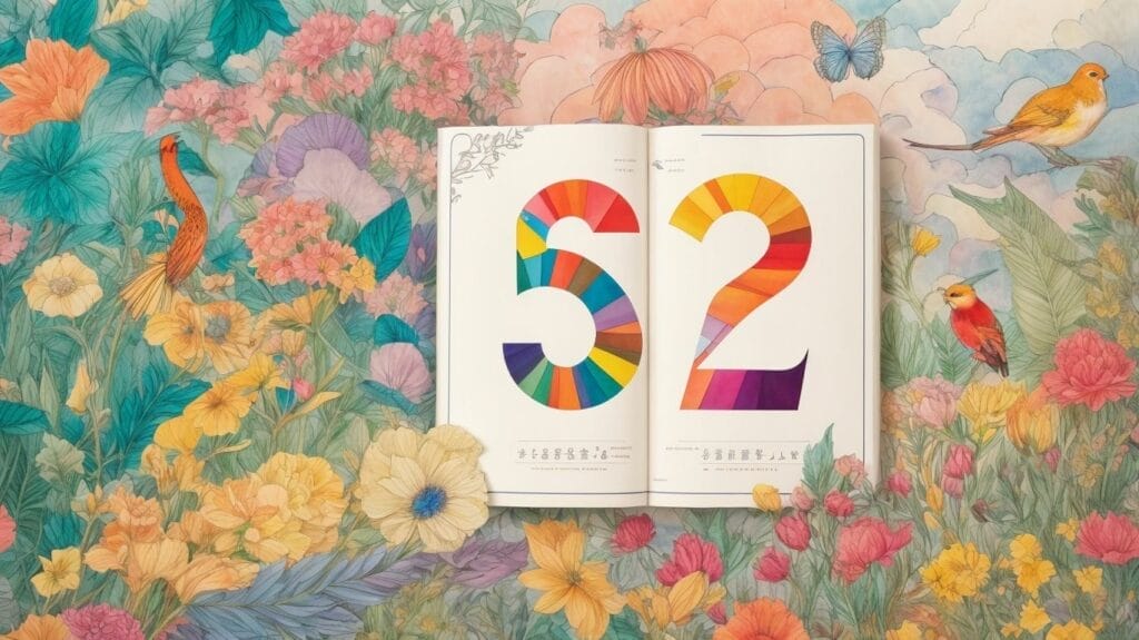 A colorful book with the number 52 on it, perfect for learning numbers.