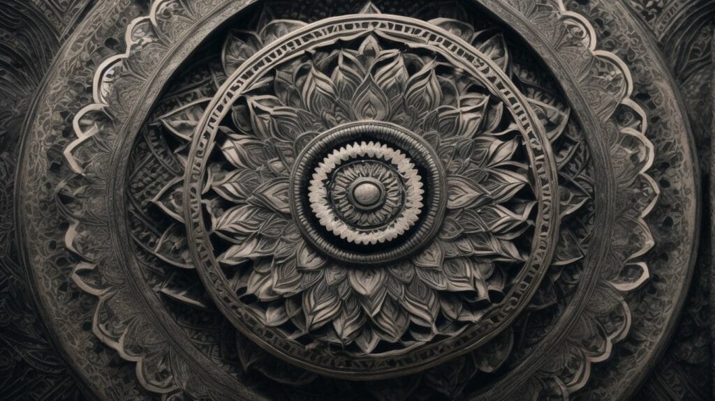 A black and white image of a Mandala design.