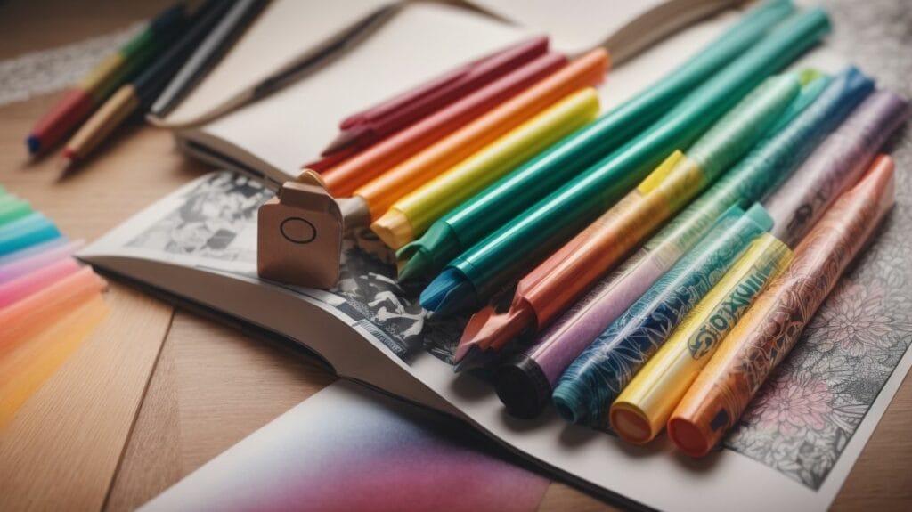 An open Coloring Pages book with colored pencils on it.