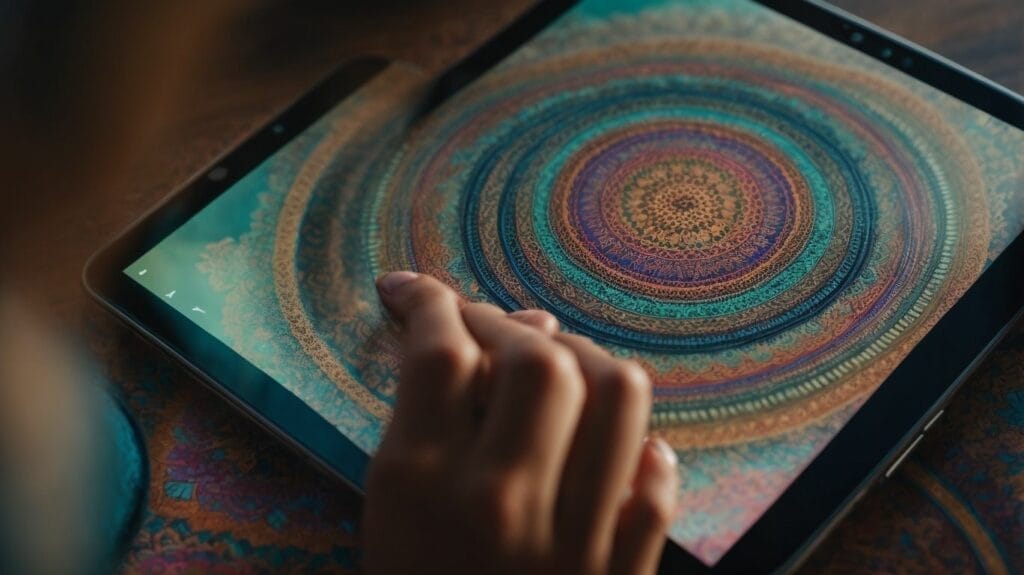 A person is holding a tablet with a colorful circular design on it from a coloring app.
