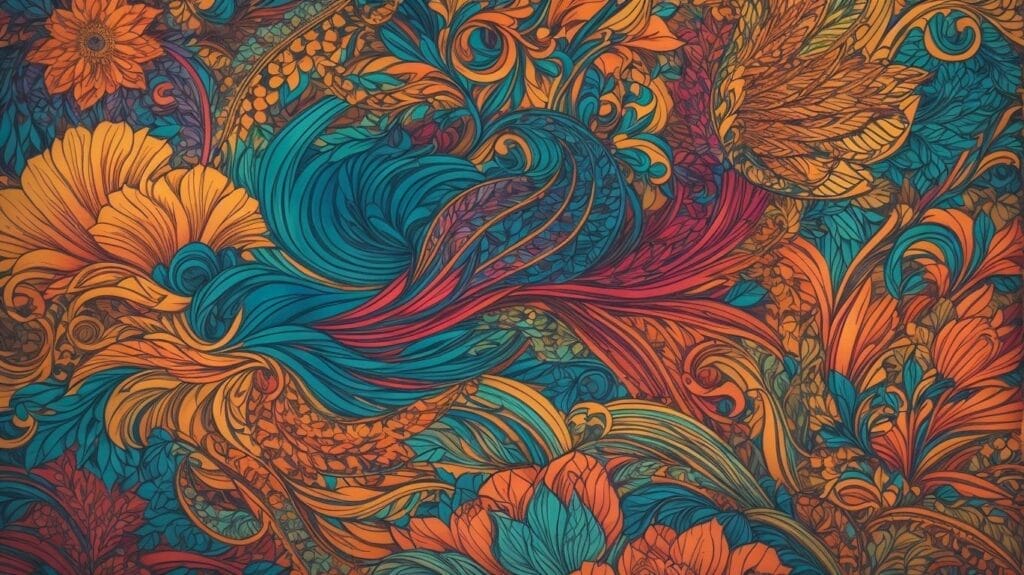 A colorful floral pattern for a mindfulness coloring book, promoting relaxation with orange, blue, and yellow colors.
