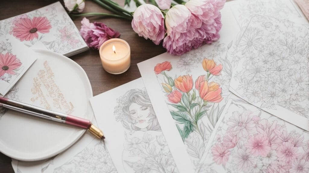 A set of Mother's Day coloring pages featuring flowers and a candle on a table.