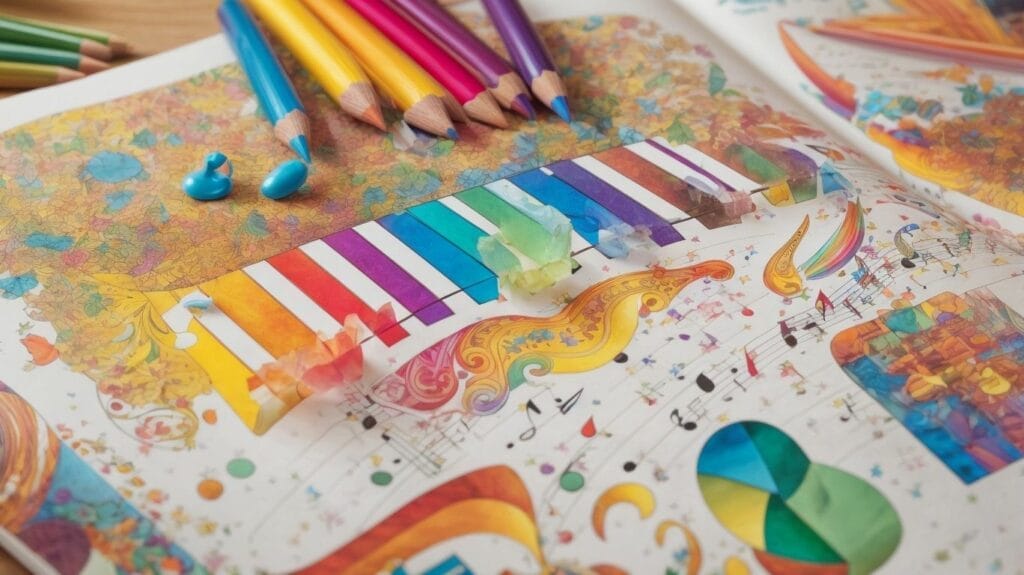 A music-themed coloring book featuring a piano, accompanied by colored pencils for kids to unleash their creativity.