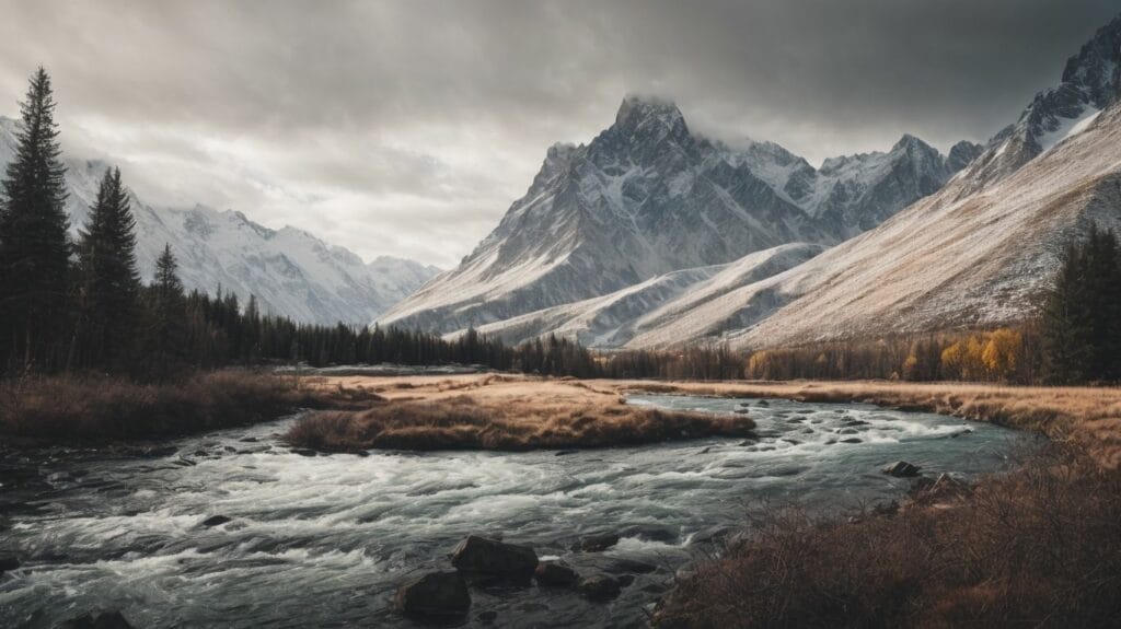 A breathtaking landscape of mountains with a river flowing under a cloudy sky.