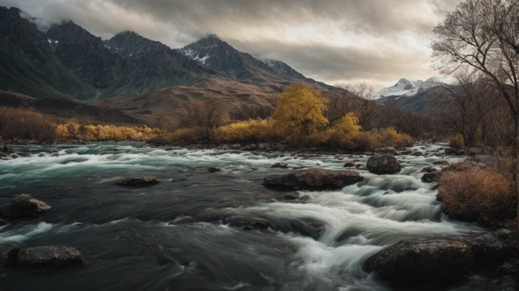 A scenic river in the mountains under a cloudy sky.