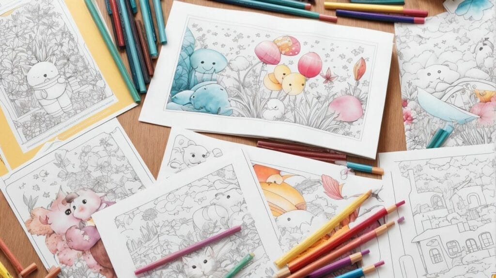 A group of printable coloring pages and crayons on a table for kids.