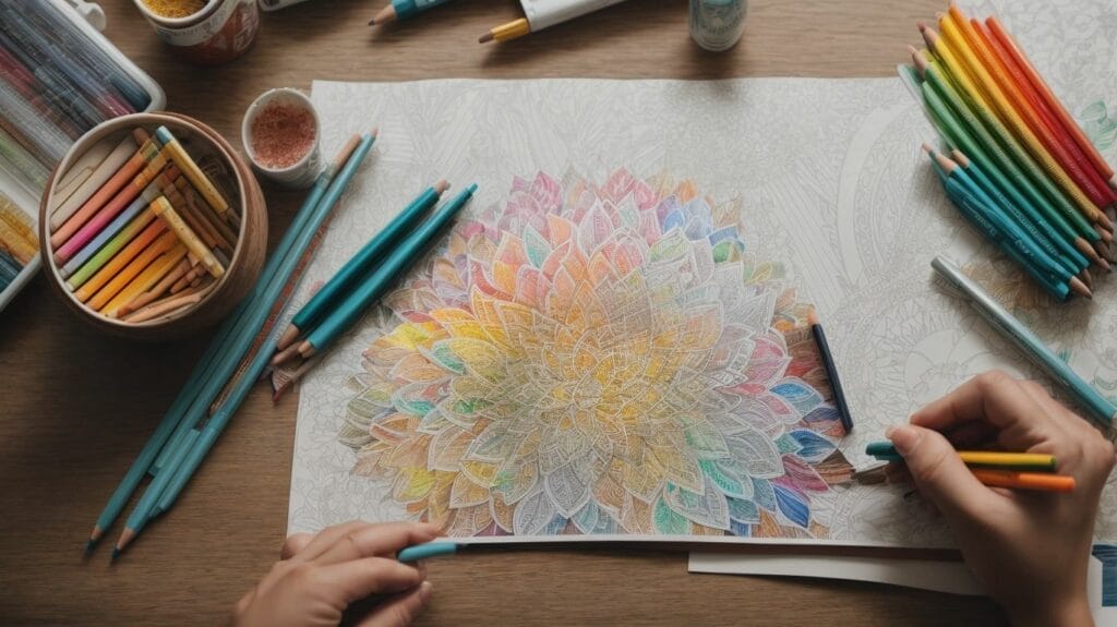 A person using colored pencils to color a flower from a coloring book on a table, practicing relaxation techniques.
