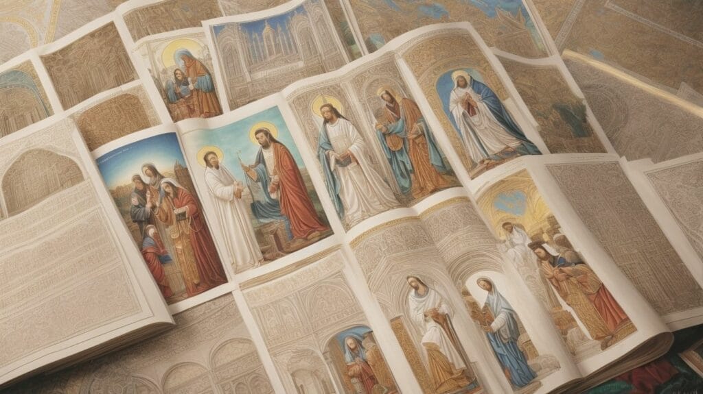 A **religious** book with **pictures** of Jesus on it.