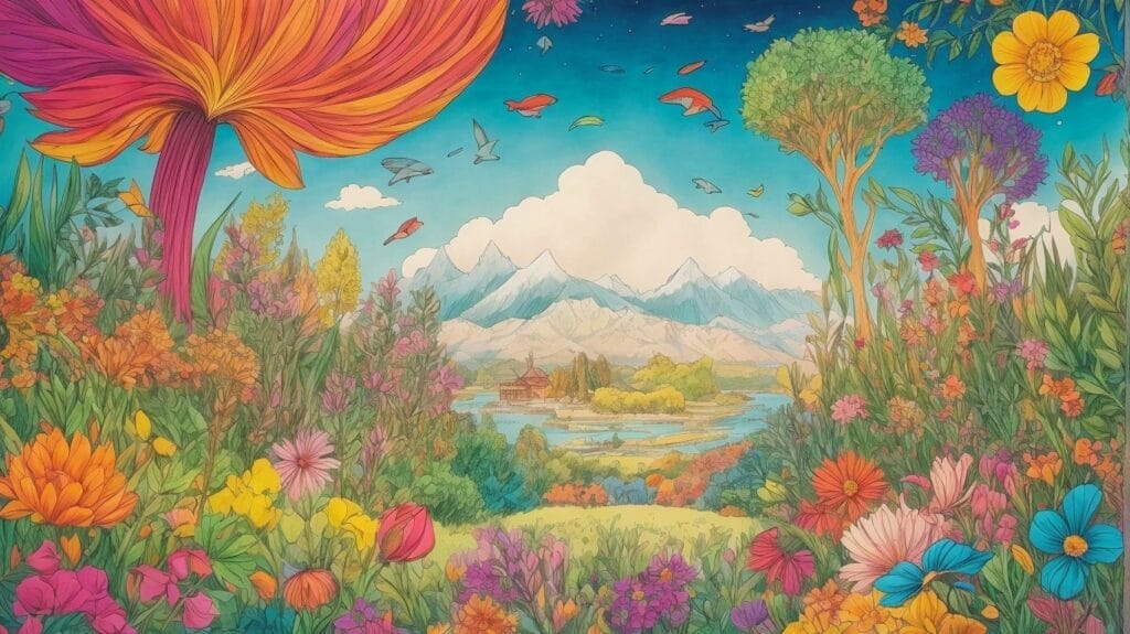 A painting of a colorful landscape with mountains and flowers that promotes health through the use of vibrant colors.