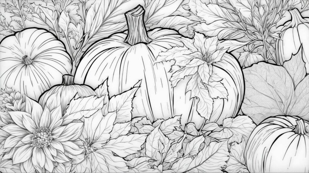 A seasonal, printable coloring page with pumpkins and leaves.