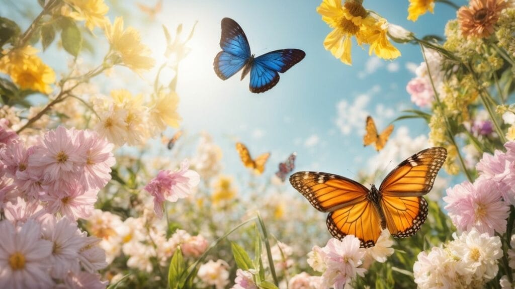 Colorful butterflies fluttering in a field of flowers during Spring.