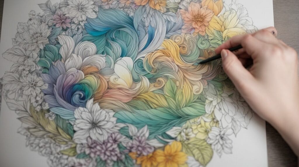 A woman is coloring a flower with a colored pencil, using shading techniques.