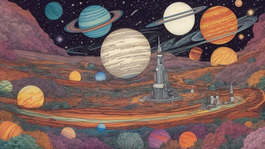A painting of a colorful solar system with many colorful planets.