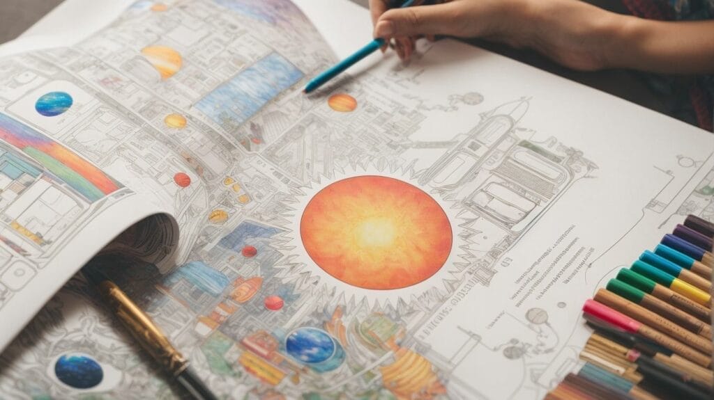 A kid coloring book with a sun and planets.