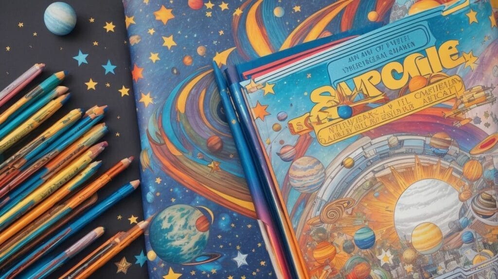 A themed coloring book depicting space scenes and a set of colored pencils are neatly arranged on a table.