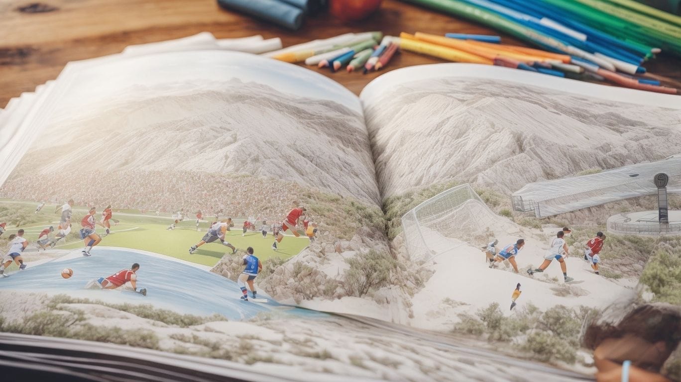 An open book with a drawing of a soccer field for coloring.