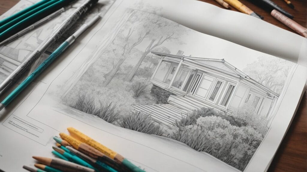 Step-by-Step Guide for a Coloring Page of a House with Colored Pencils.