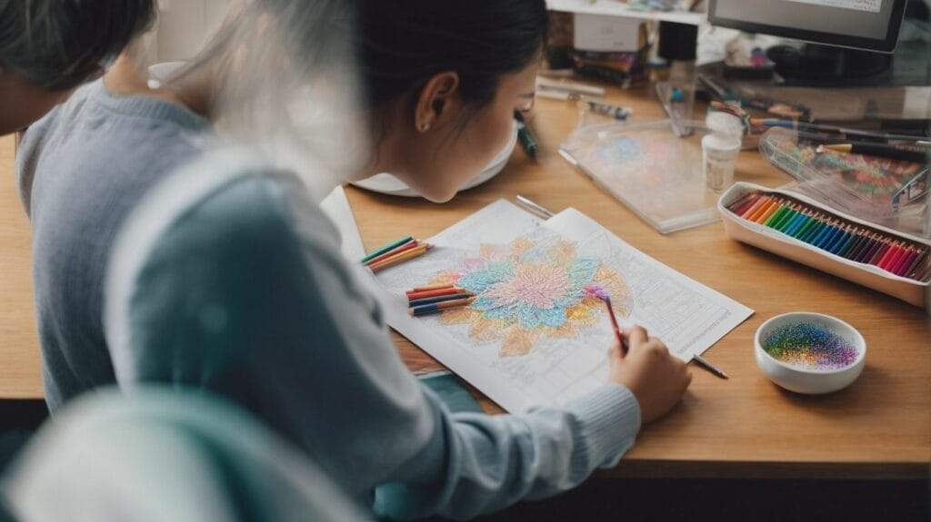 A woman is finding stress relief while coloring at a desk with colored pencils.