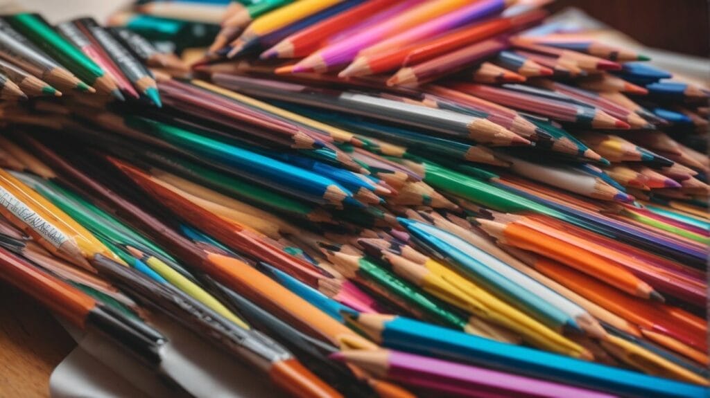 A pile of colored pencils, essential for adult coloring books, rests on a table.