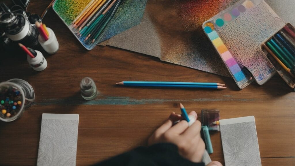 A person is indulging in the therapeutic benefits of coloring with colored pencils on a wooden table.